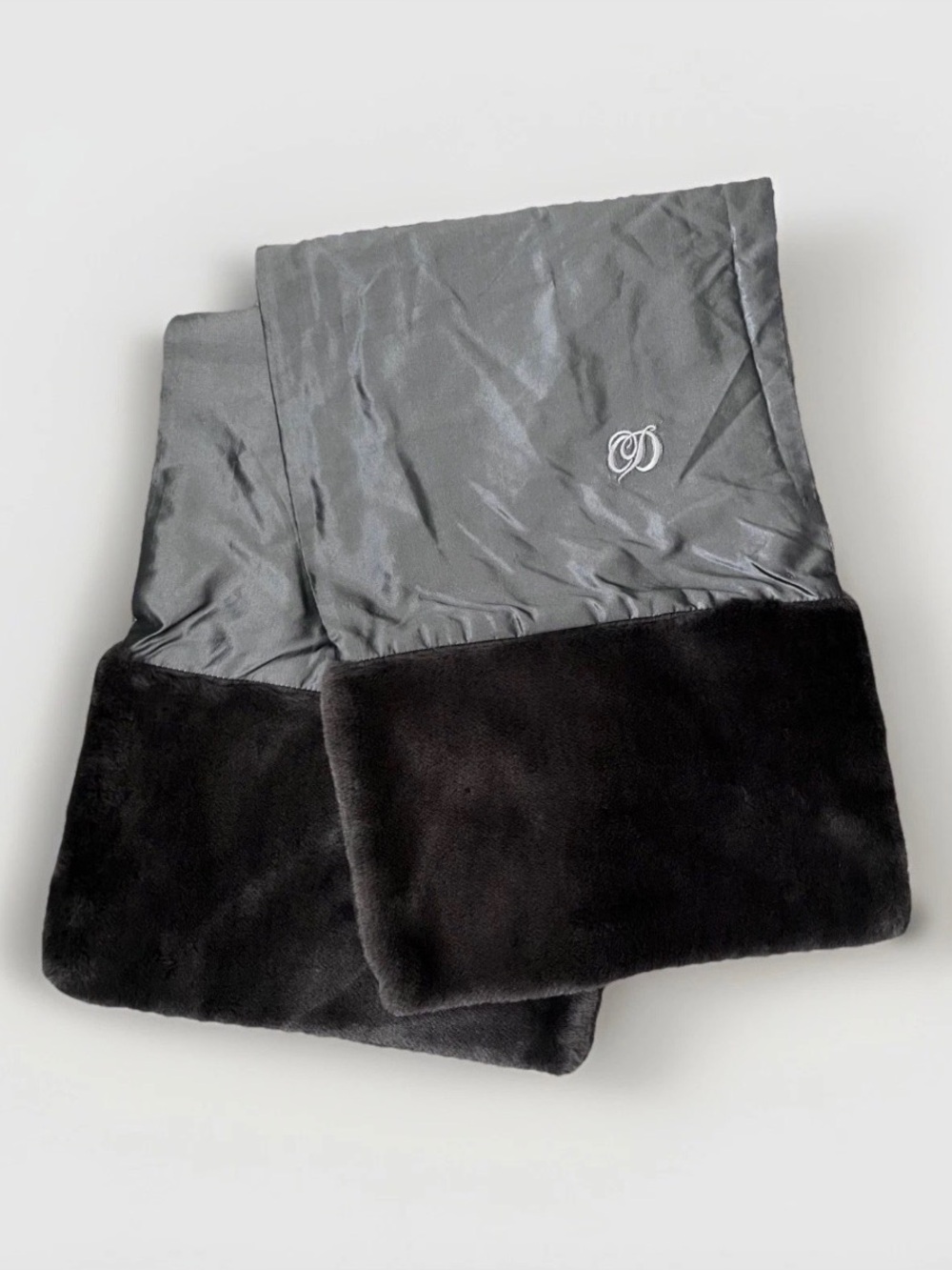 DIOR Gray Silk + Modacrylic Fur Trim Scarf